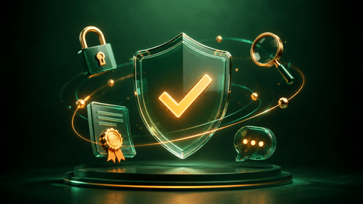 Illustratie van veiligheid en betrouwbaarheid bij een casino zonder Cruks: een schild met vinkje, slot en keurmerk