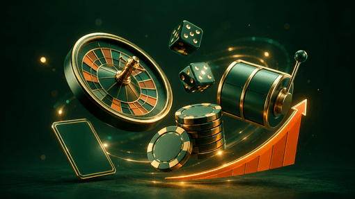 Illustratie van het spelaanbod bij een casino zonder Cruks: slots, roulettewiel, speelkaarten, dobbelstenen en crash games